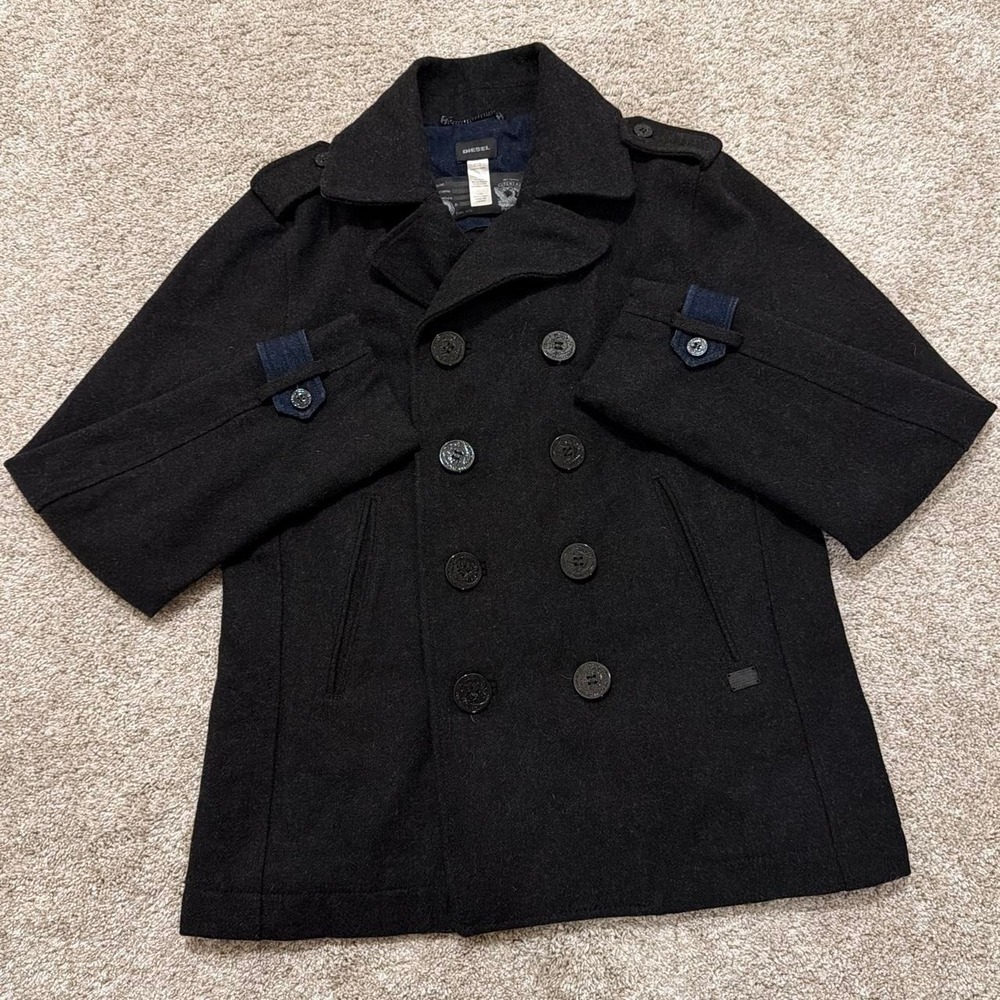 Y2K Vintage Diesel Wool Double Breasted Peacoat with Denim Accents | Black | L